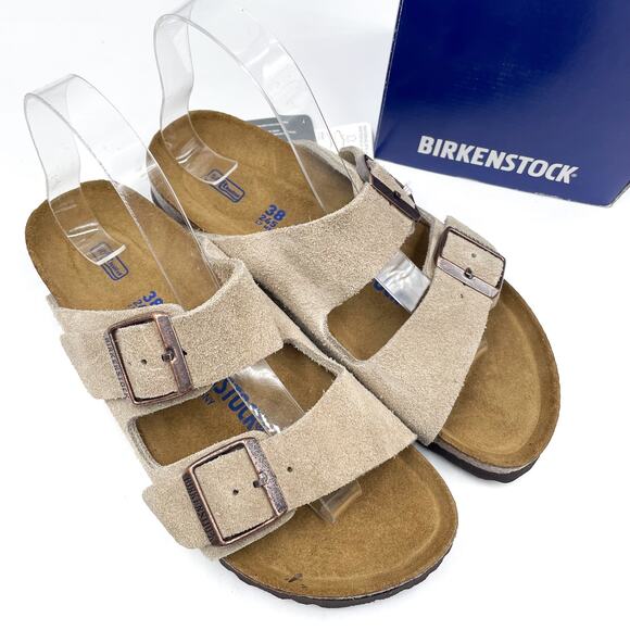 Birkenstock Arizona Sandals Taupe Leather Slides Sz 38 / 7 NARROW Women's - Picture 1 of 12